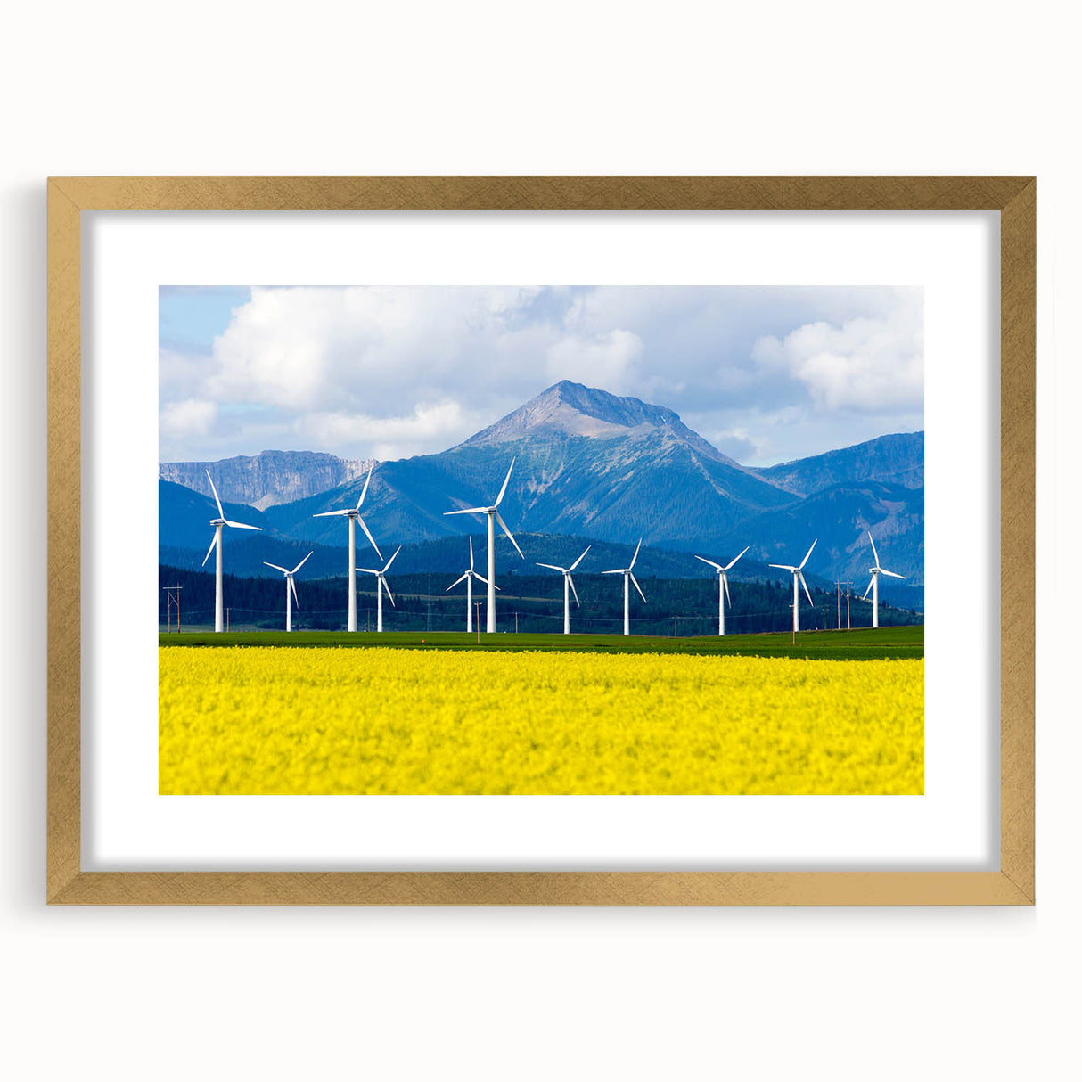Extra large textured abstract art print of Alberta scenery in a gold frame, ideal for living room decor.