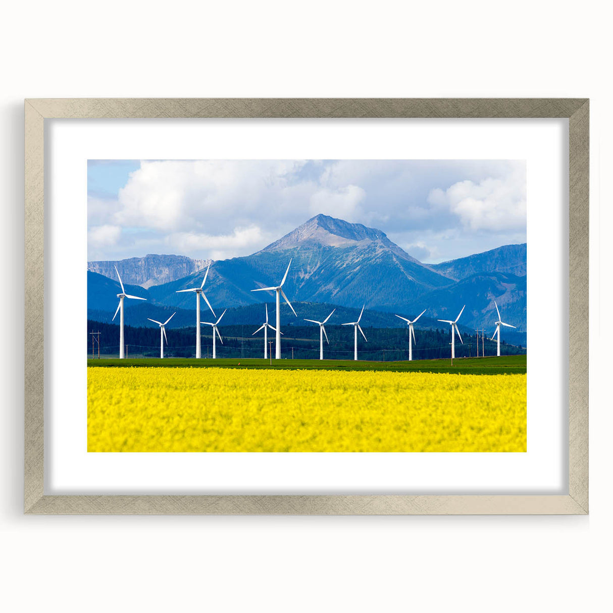 Textured art print of Alberta scenery in abstract style, framed in silver with a mat, with muted earth tones.