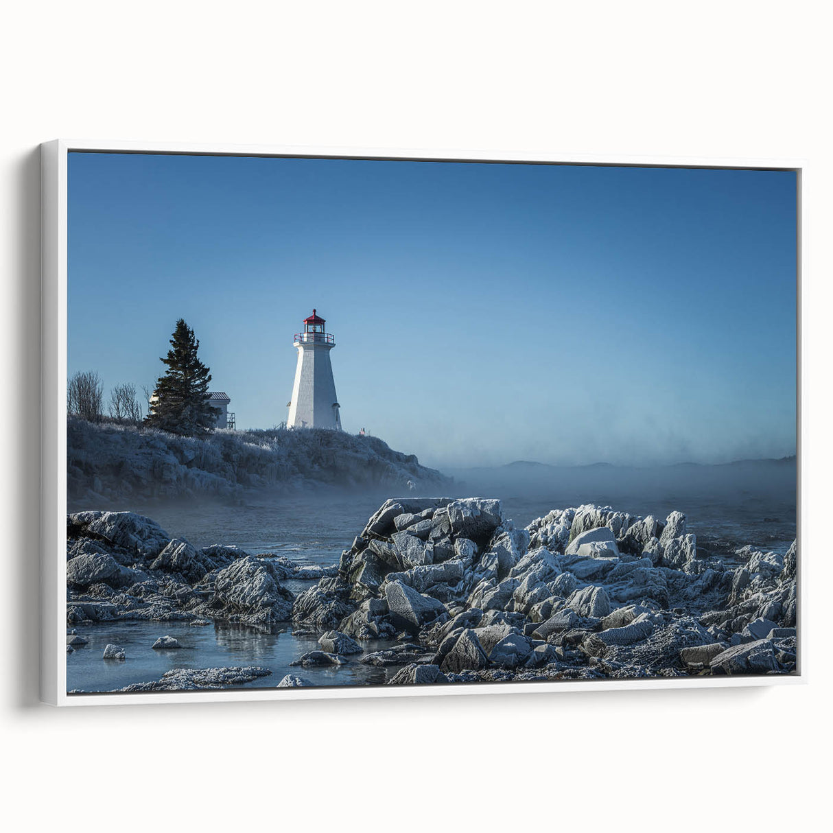 Vintage poster art of New Brunswick scenery in colorful tones on a large framed canvas, ideal for living room decor.