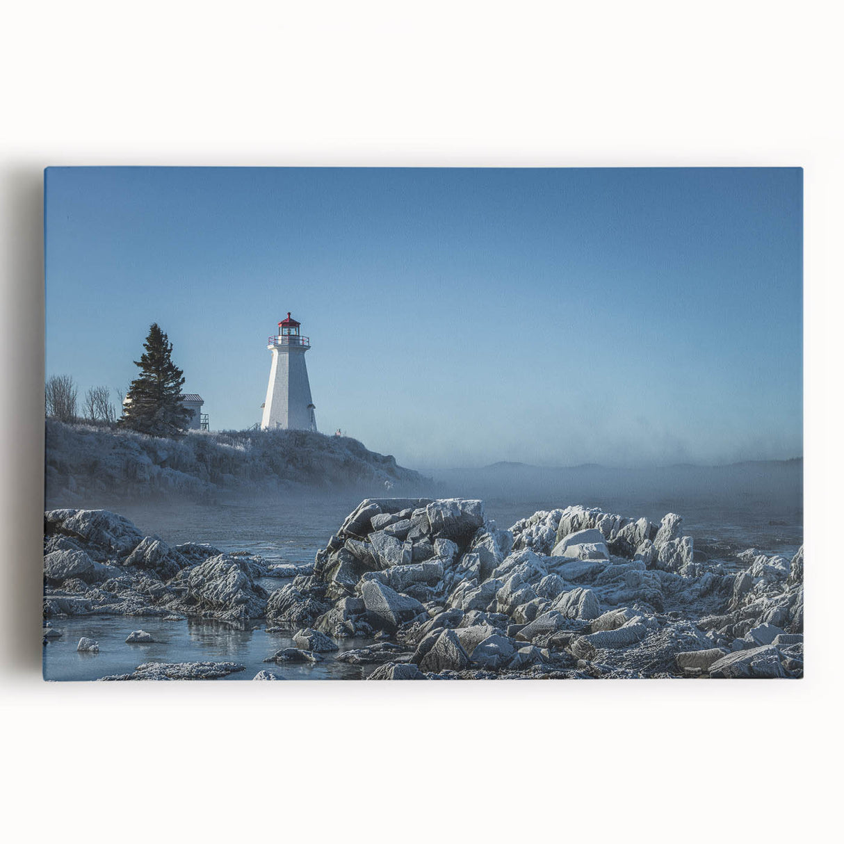 Black and white large art print of New Brunswick scenery on stretched canvas, ideal for kitchen wall art.
