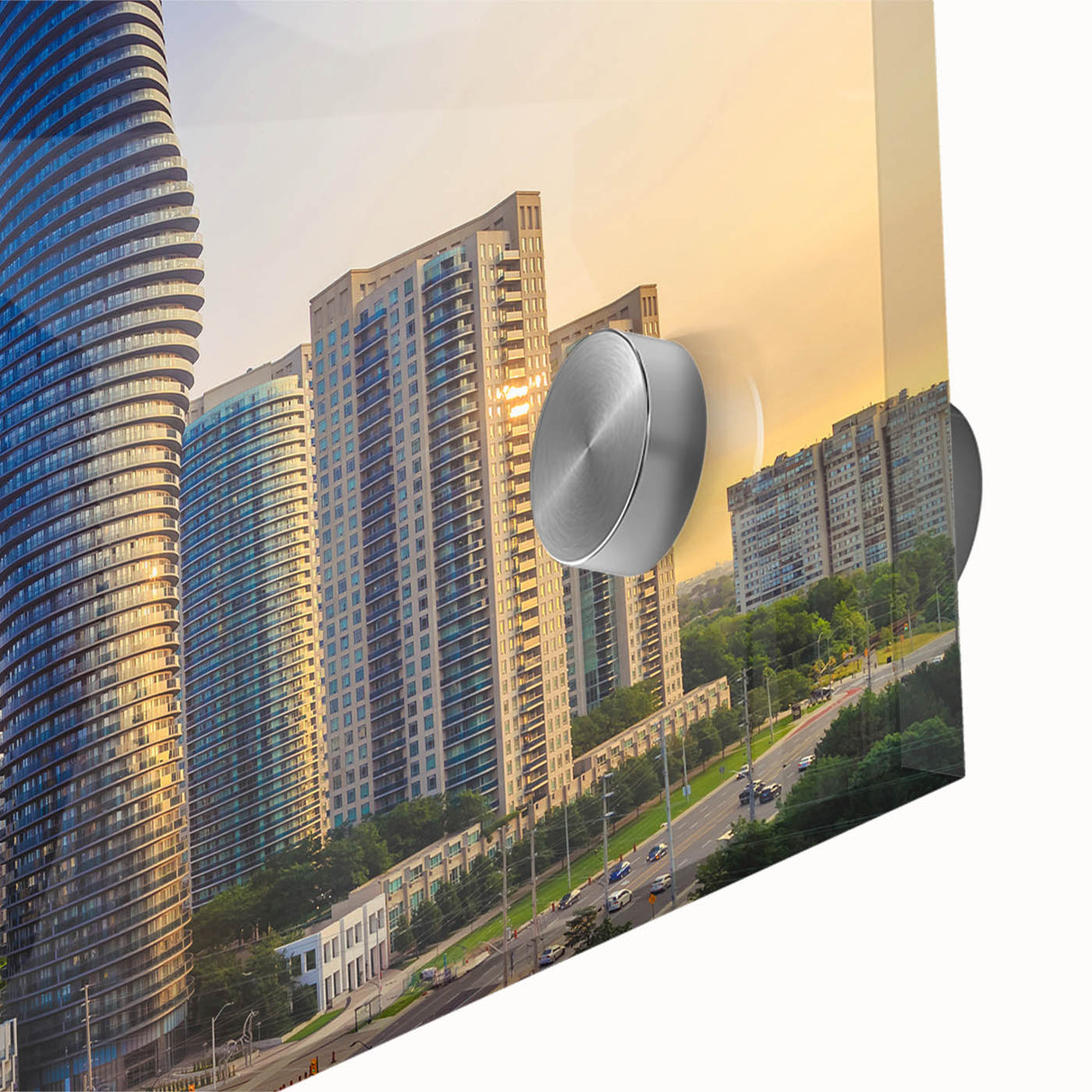 Large abstract wall art depicting Ontario scenery in muted earth tones on acrylic glass, suitable for dining room ambiance.