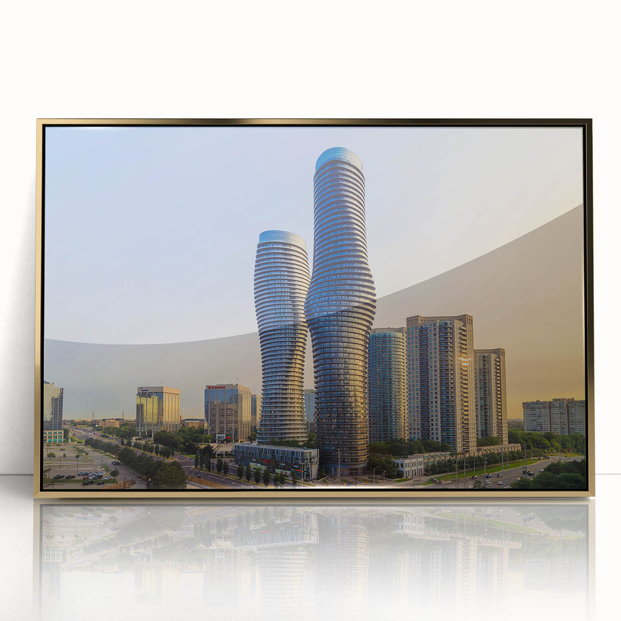 Large art print of Ontario, Canada scenery in mid-century modernist style, featuring muted earth tones on framed acrylic.