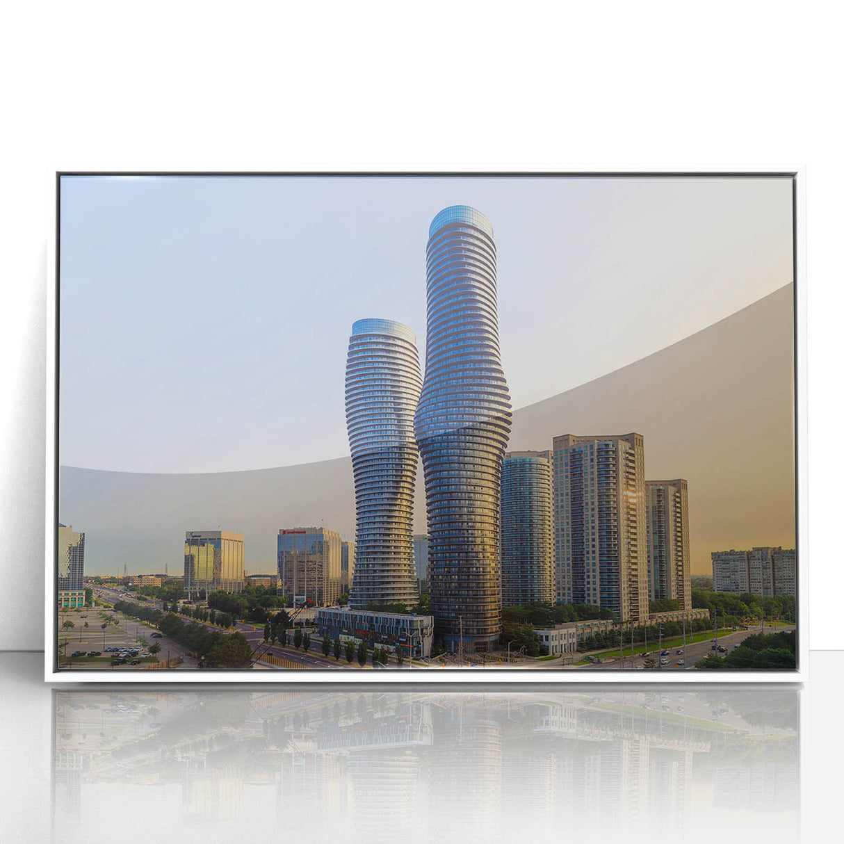 Framed acrylic print featuring a serene Ontario landscape in muted greens and blues, ideal for modern nursery wall decor.