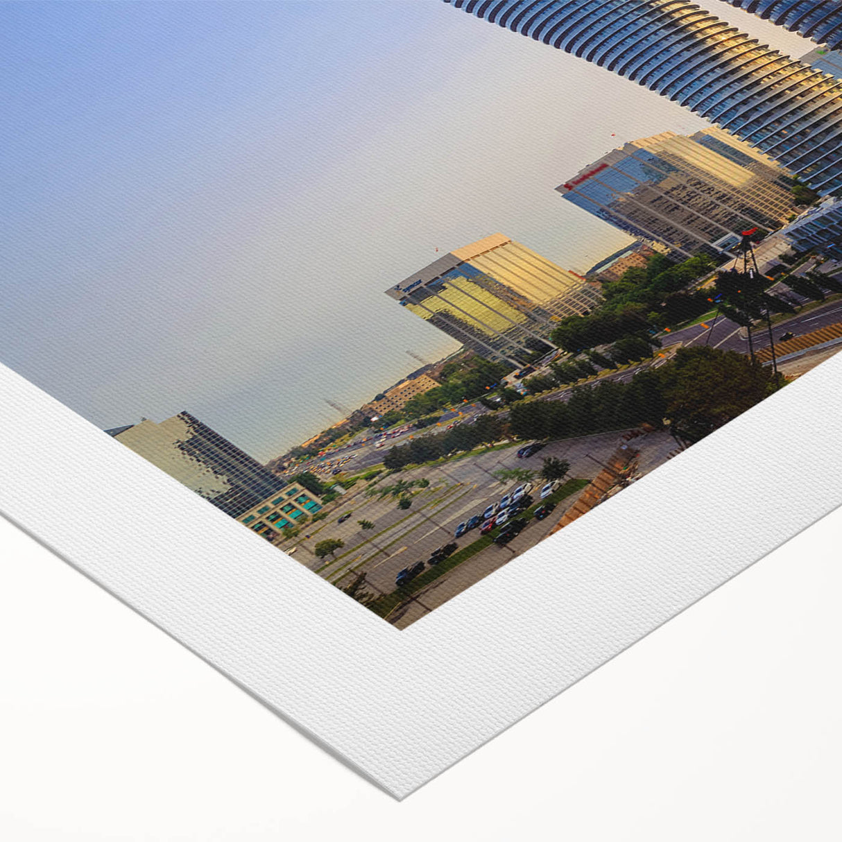 Art deco poster featuring Ontario, Canada scenery in muted blue and green tones on rolled canvas.