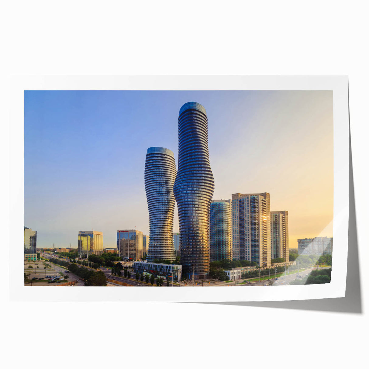 Scenic Ontario landscape on a rolled canvas print featuring soft blue and green hues, suitable for dining room wall art.