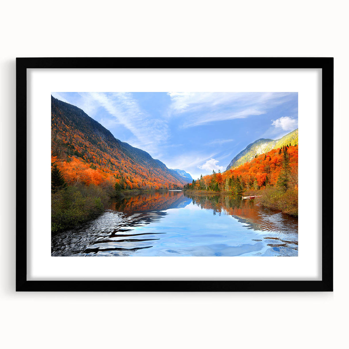 Extra large abstract art print of colorful, textured scenery in Quebec on a framed black mat, suitable for living room decor.