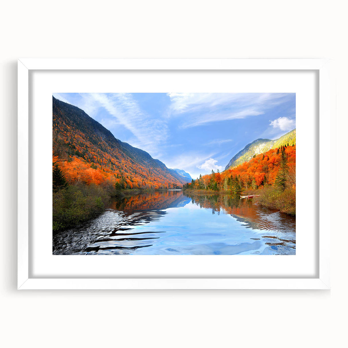 Abstract art print of a Quebec scenery in muted gray and blue tones, framed with a white mat, ideal for dining room decor.