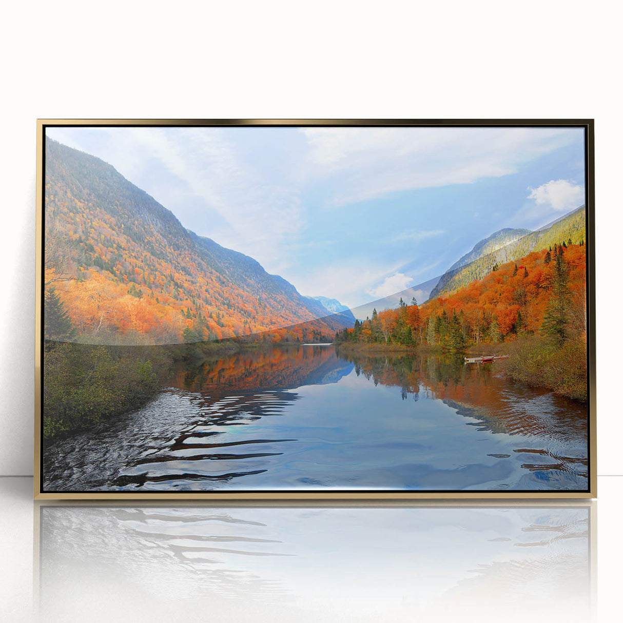 Mid-century modernist art of Quebec scenery in muted earth tones on a framed acrylic, ideal for modern art wall decor.