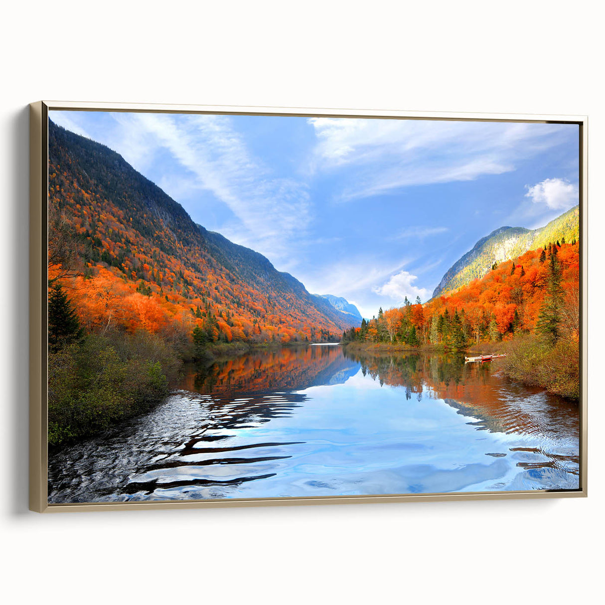 Framed canvas of a vintage-style Quebec landscape painting in black and gold tones, ideal for bedroom wall art.