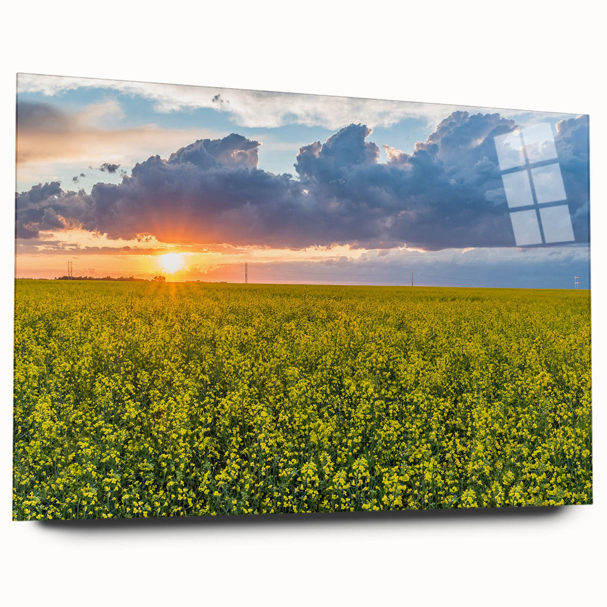 Large abstract wall art depicting a serene Saskatchewan landscape in soft blue and green tones on acrylic glass.