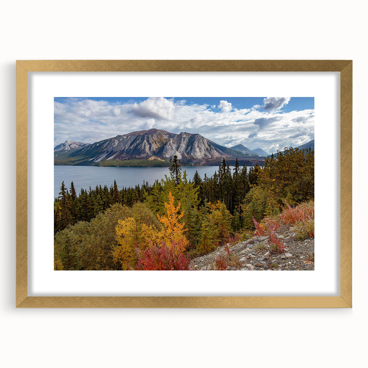 Extra large abstract art print of Canada's Yukon scenery in muted earth tones, framed with a gold mat.
