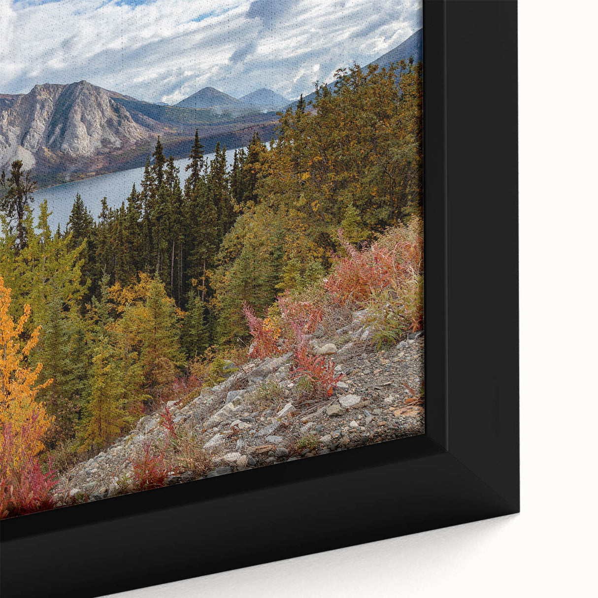 Black wall art depicting a textured Yukon scenery on extra large framed canvas.