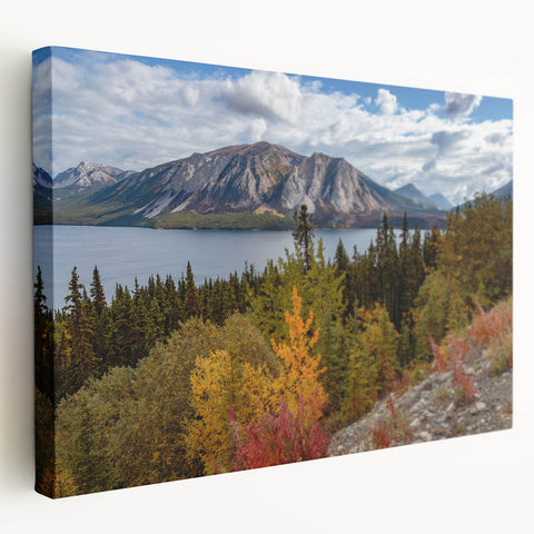 Side view of a stretched canvas depicting a serene Yukon landscape in muted earth tones, ideal for kitchen wall art.