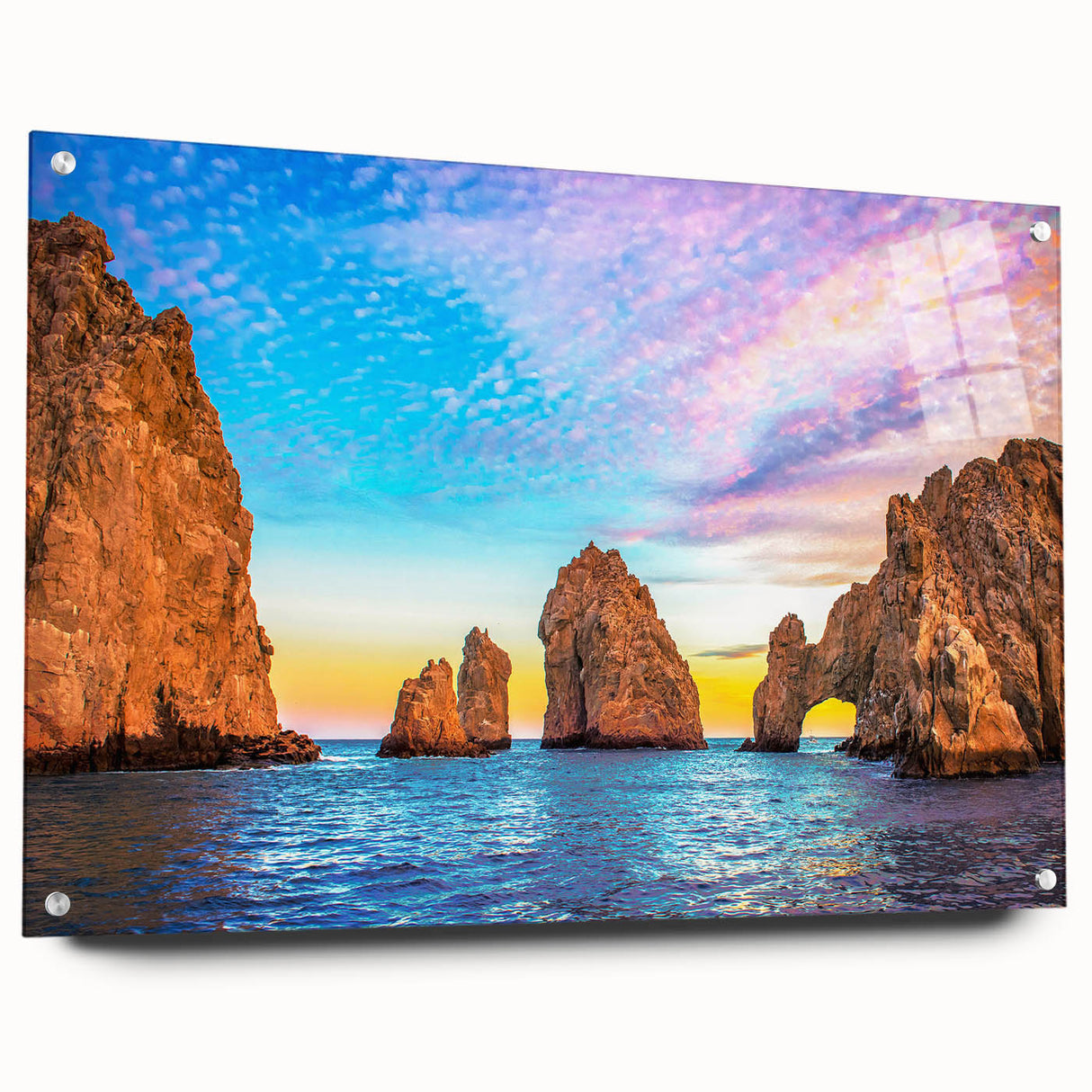 Large abstract wall art depicting Baja California scenery in muted earth tones on acrylic glass.