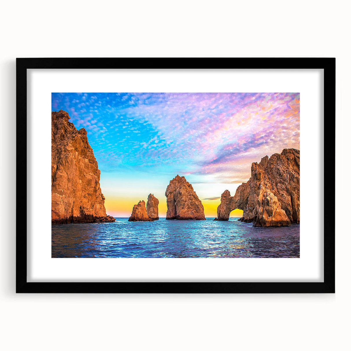 Abstract art print depicting colorful, textured scenery of Baja California on a large framed canvas.