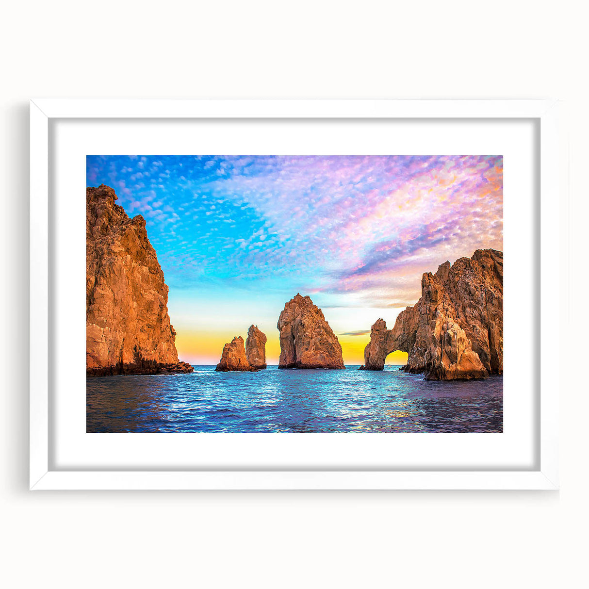 Abstract art print featuring vibrant colors and geometric shapes of Baja California on a white matted frame.