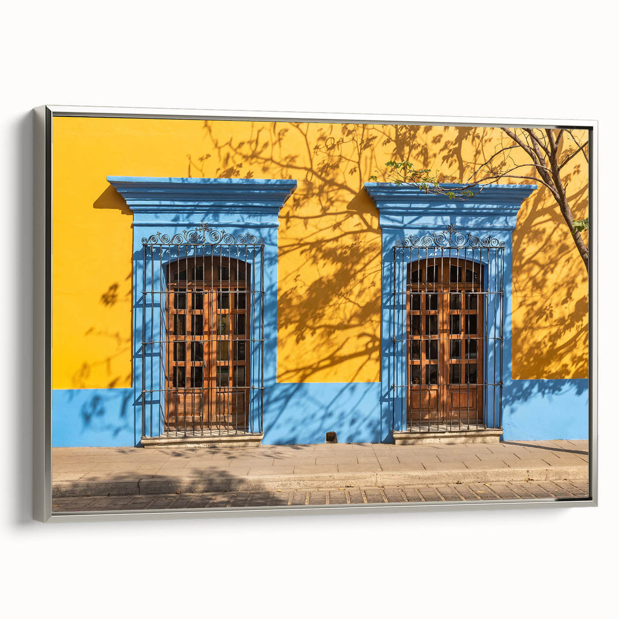 Framed canvas landscape art painting featuring a vintage-style colorful scene of Oaxaca, Mexico, ideal for living room decor.