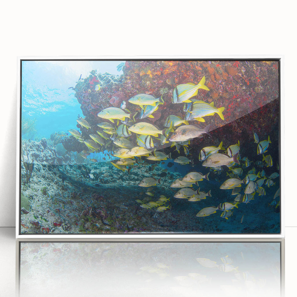 Mid-century modernist art depicting Quintana Roo scenery in a white framed acrylic, ideal for nursery wall decor.