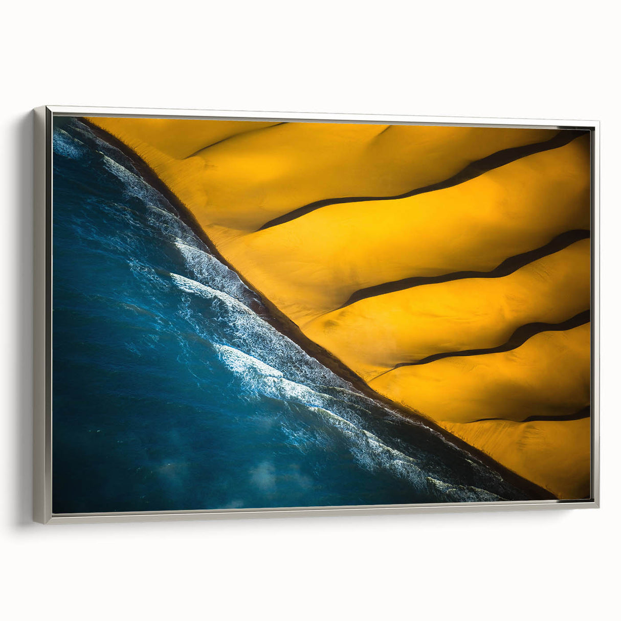 Vintage poster art of a Namibian landscape on framed canvas, featuring a black and vibrant color palette.