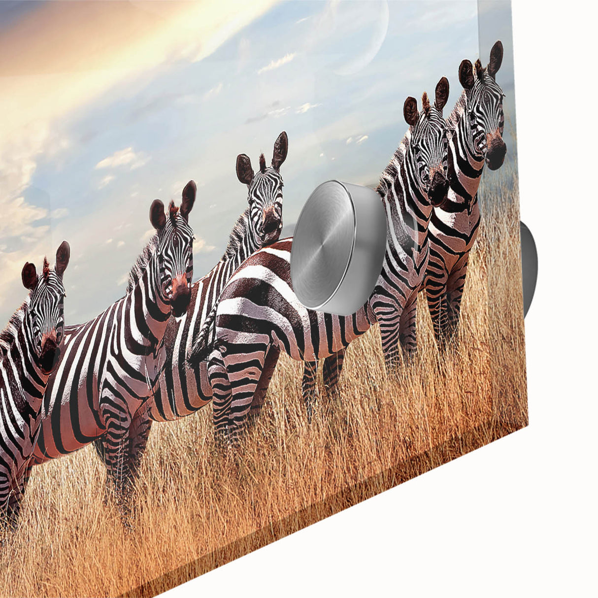 Mid-century modernist acrylic print of a Tanzanian landscape in muted earth tones, ideal for dining room art.