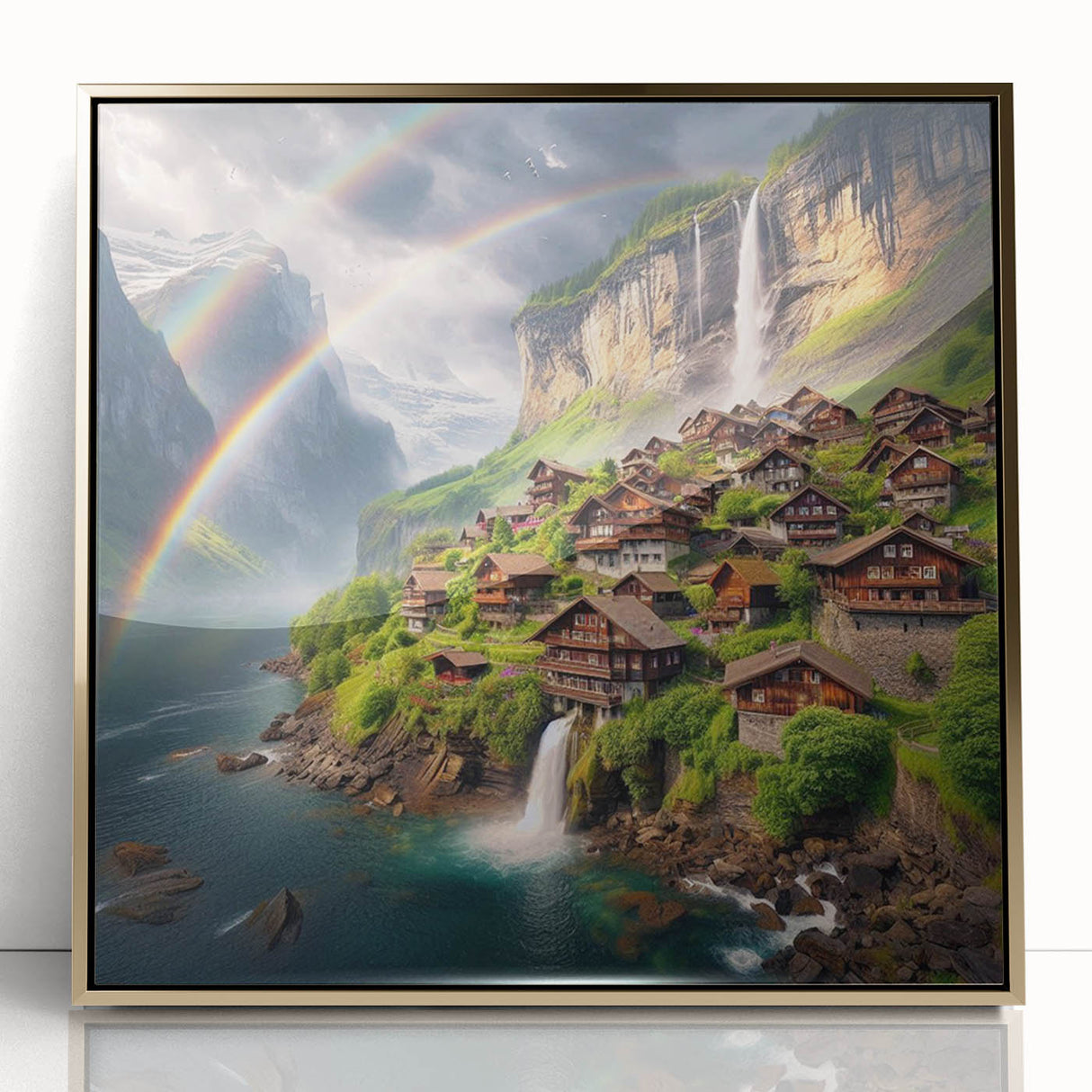 Large acrylic print of a Zambia scenery in gold frame, featuring mid-century modernist style.