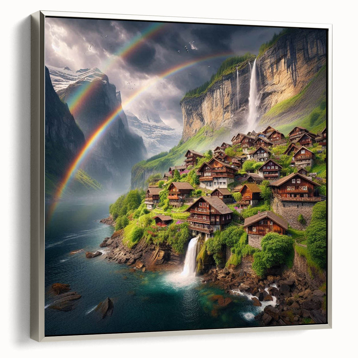 Landscape art painting of a Zambian scenery on a silver-framed canvas, featuring colorful vintage poster art style.