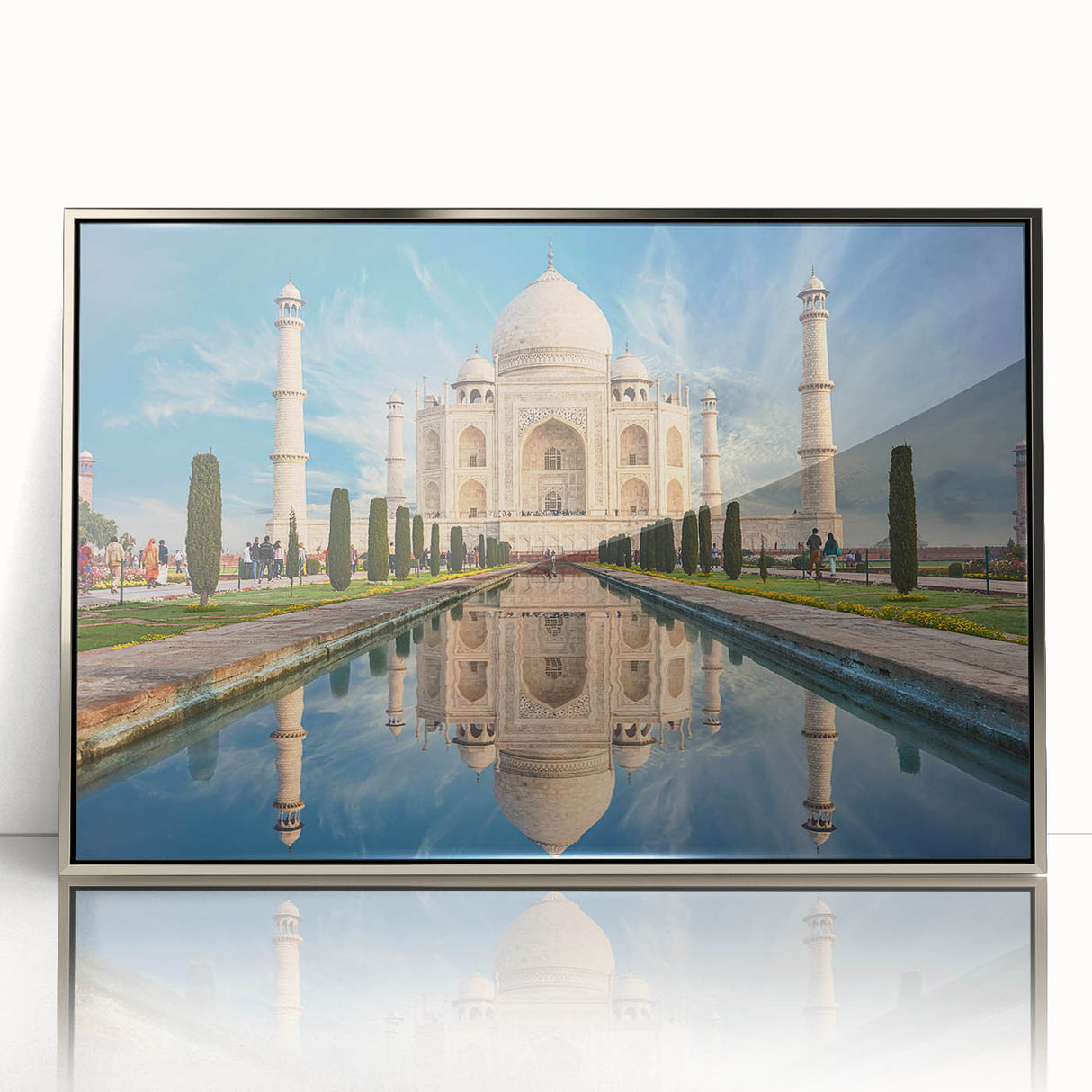 Mid-century modernist art depicting a serene Indian landscape in muted earth tones on a framed acrylic print.