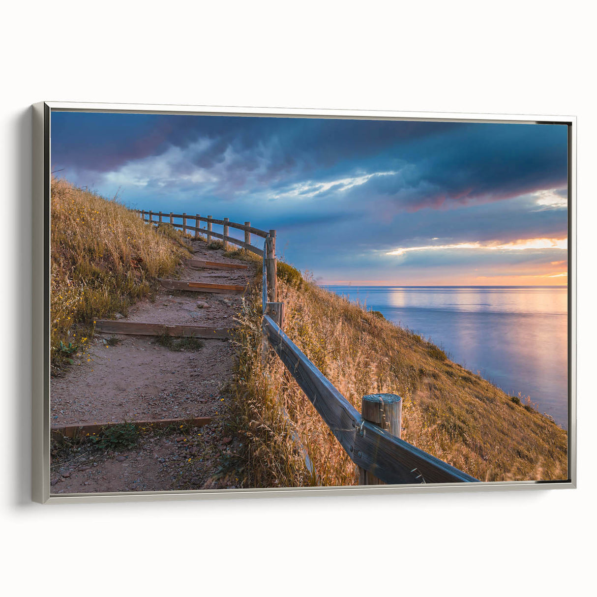 Vintage poster art of Adelaide scenery on a framed canvas with a silver side view.