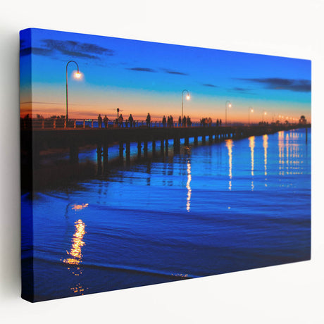 Side view of a stretched canvas featuring a detailed Melbourne skyline in muted blue and gray tones.