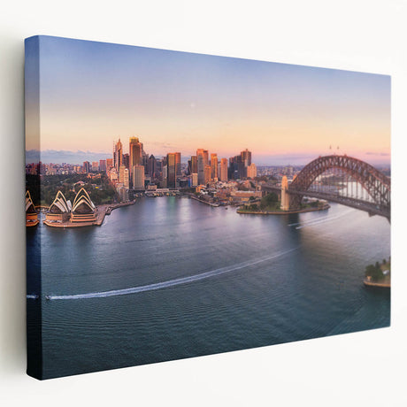 Sydney skyline depicted in muted blue and green tones on a large stretched canvas, suitable for kitchen wall art.