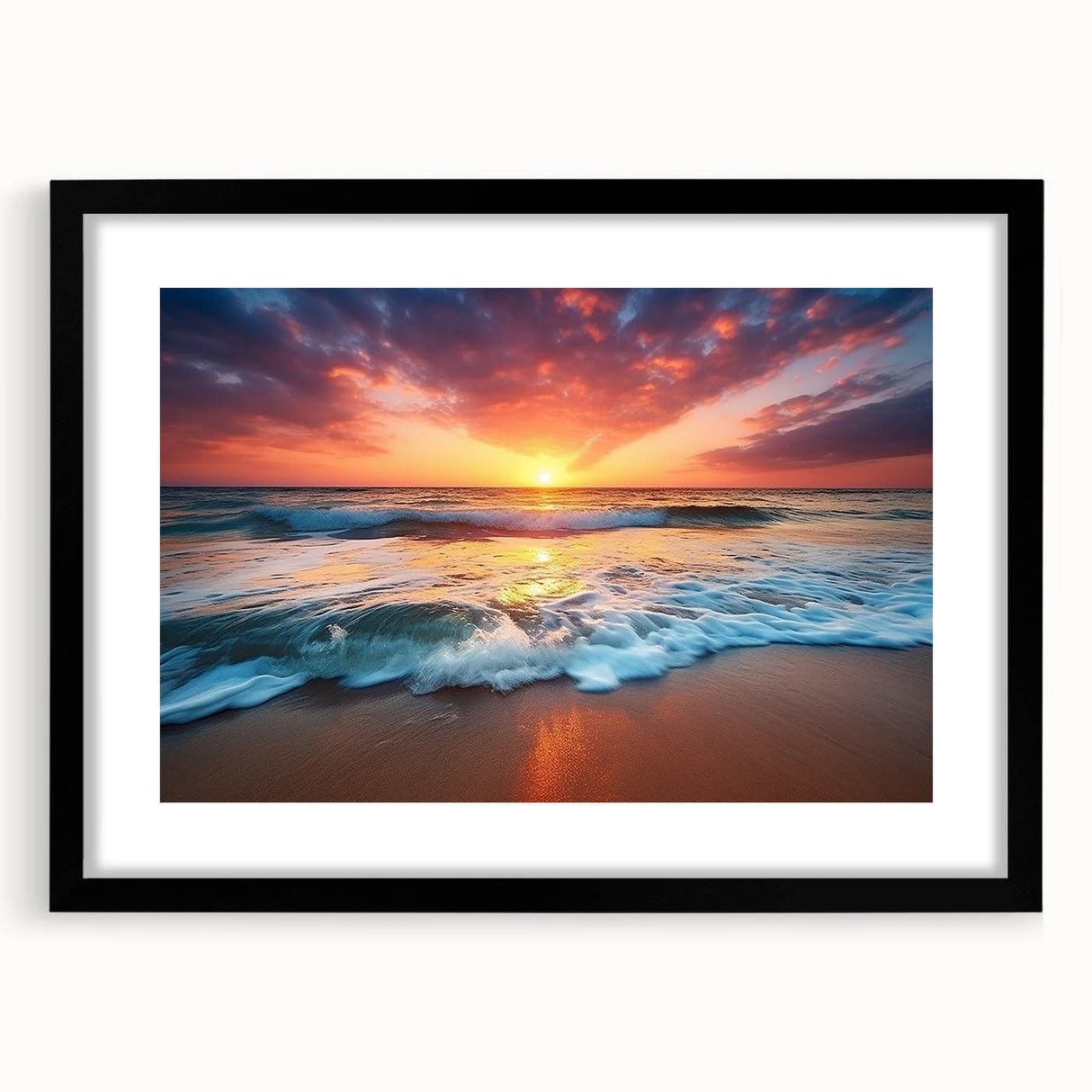 Abstract art print of a Caribbean scene in vibrant colors on a large textured canvas, framed in black.