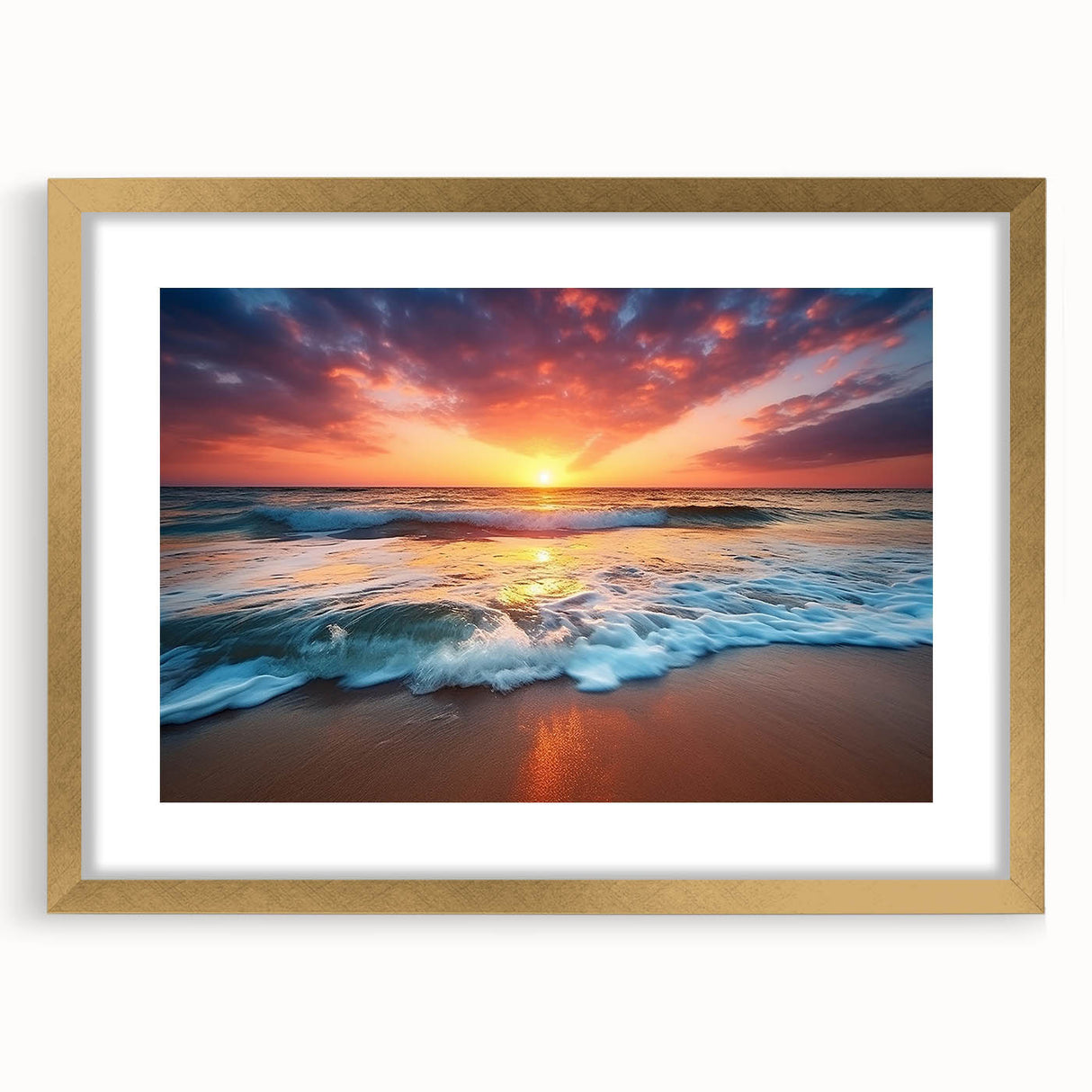 Extra large abstract art print of a Caribbean scenery in vibrant blues and greens, framed in gold.