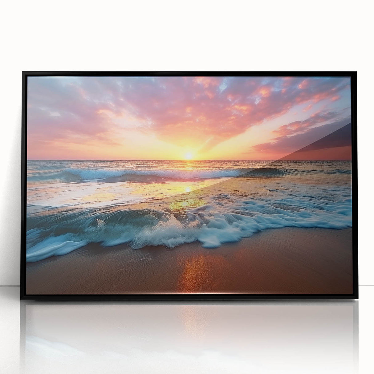 Large abstract wall art of a Caribbean seascape in muted blue and green tones, acrylic print in a black frame.