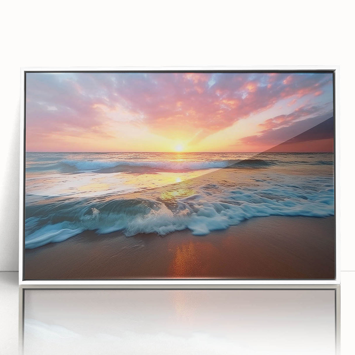 Mid-century modernist art depicting a serene Caribbean beach scene in soft pastel hues, framed acrylic.