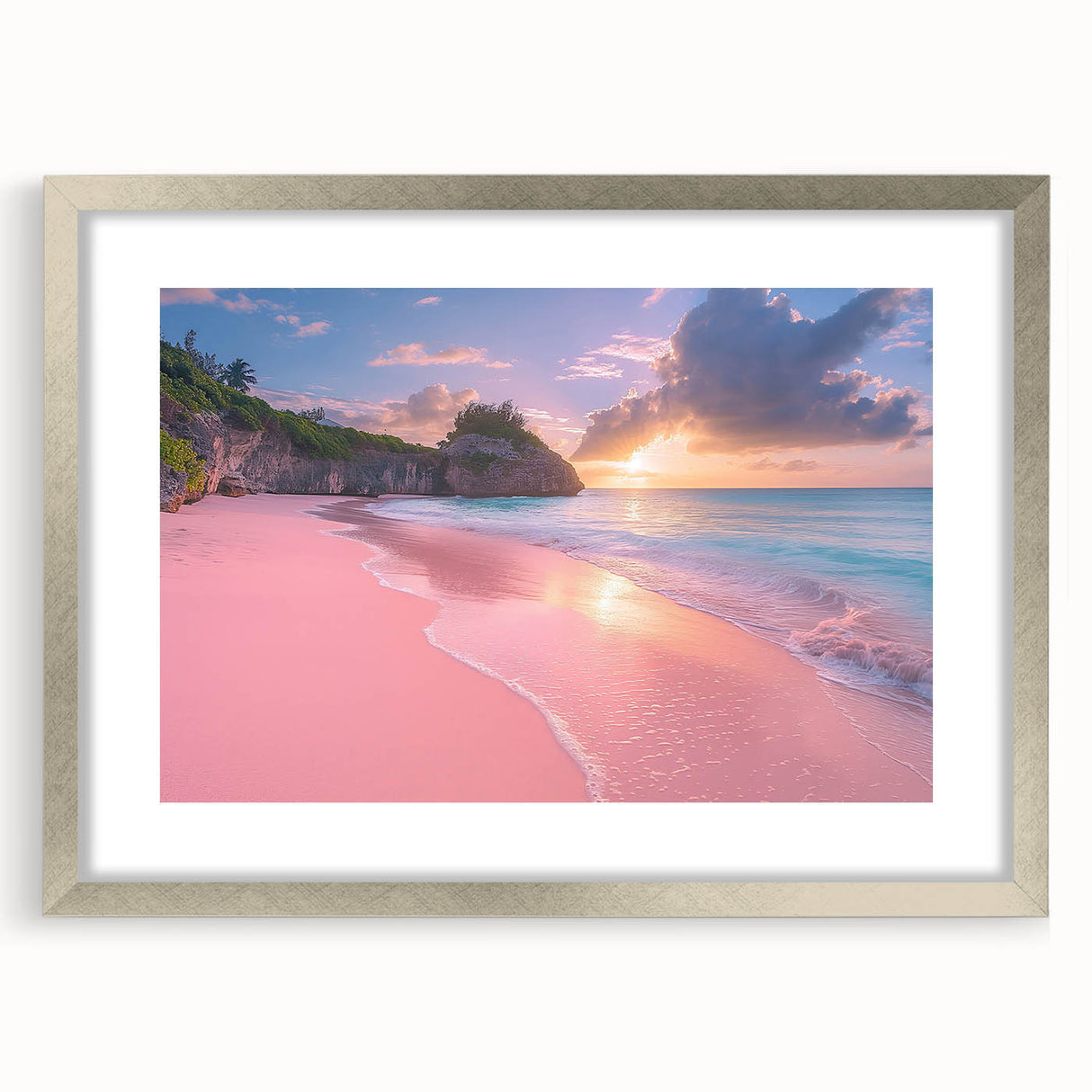 Extra large abstract art print of Caribbean scenery in textured style, with silver frame, ideal for living room decor.