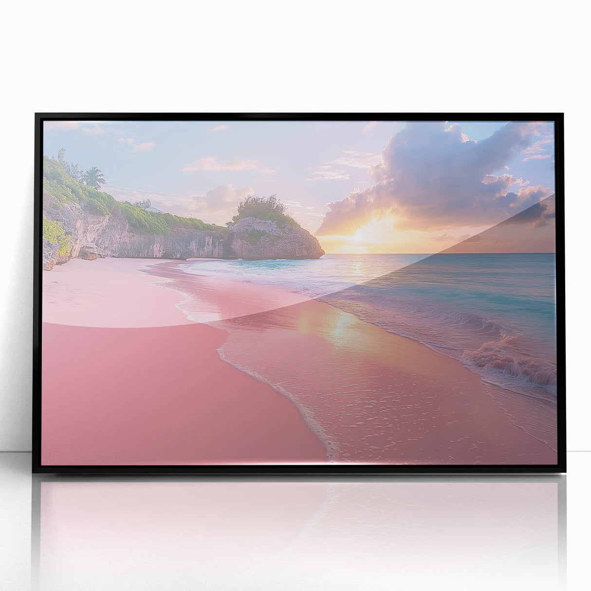 Large abstract wall art featuring Caribbean Bermuda scenery in vibrant oceanic and sunset hues, framed in black acrylic.