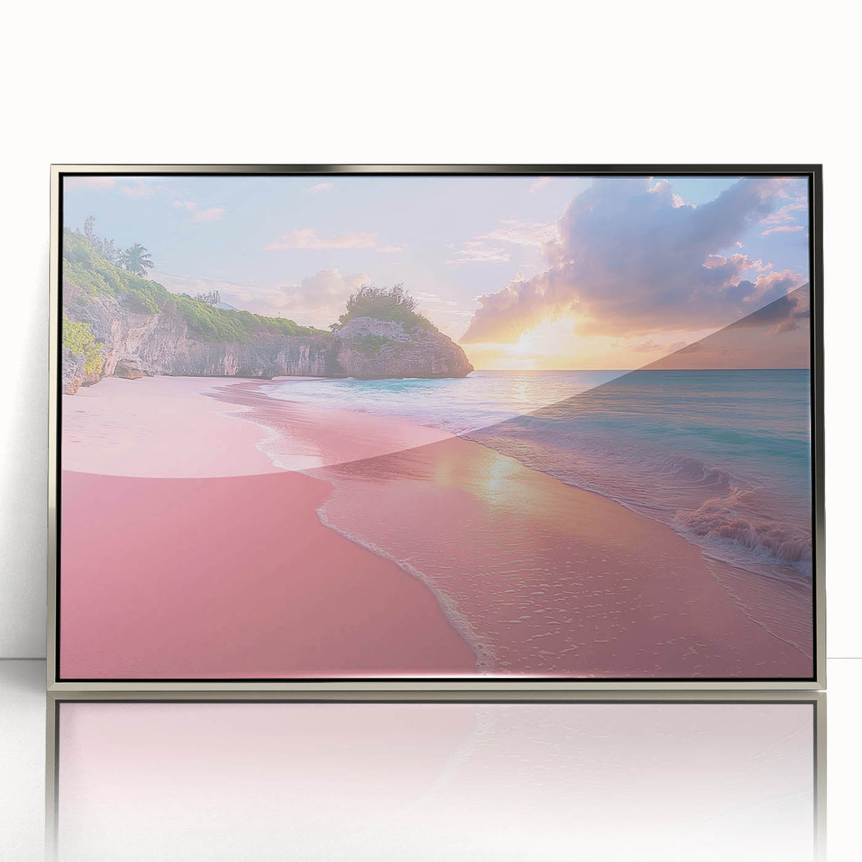 Framed acrylic print of a Caribbean landscape in muted blue and green tones, ideal for modern art wall decor.