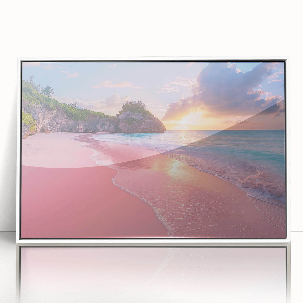 Framed acrylic print of a mid-century modernist Caribbean Bermuda scenery in muted blue and green tones.