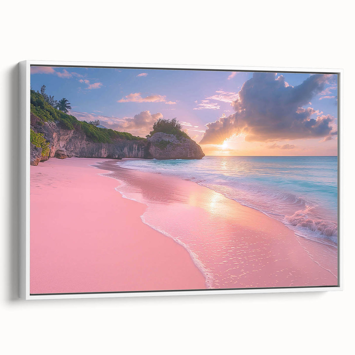 Framed canvas landscape art painting depicting a colorful Caribbean scene, ideal for brightening a living room.
