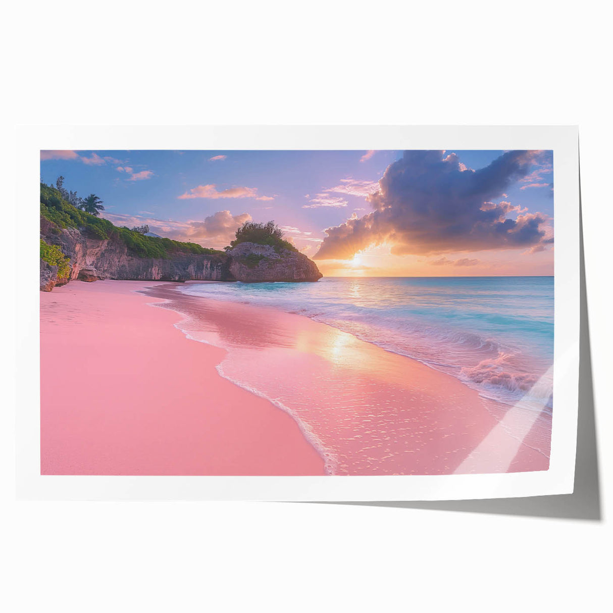 Rolled print featuring a Caribbean Bermuda scenery with vibrant blue and green tones, ideal for art wall dining room.