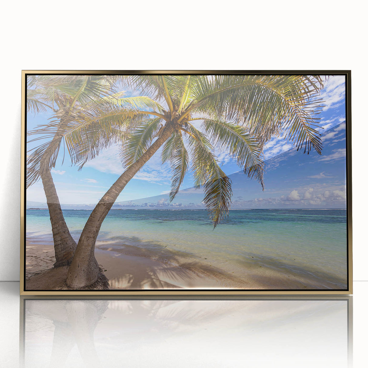 Mid-century modernist art of Caribbean Martinique scenery on a framed acrylic, with vibrant blue and green tones.