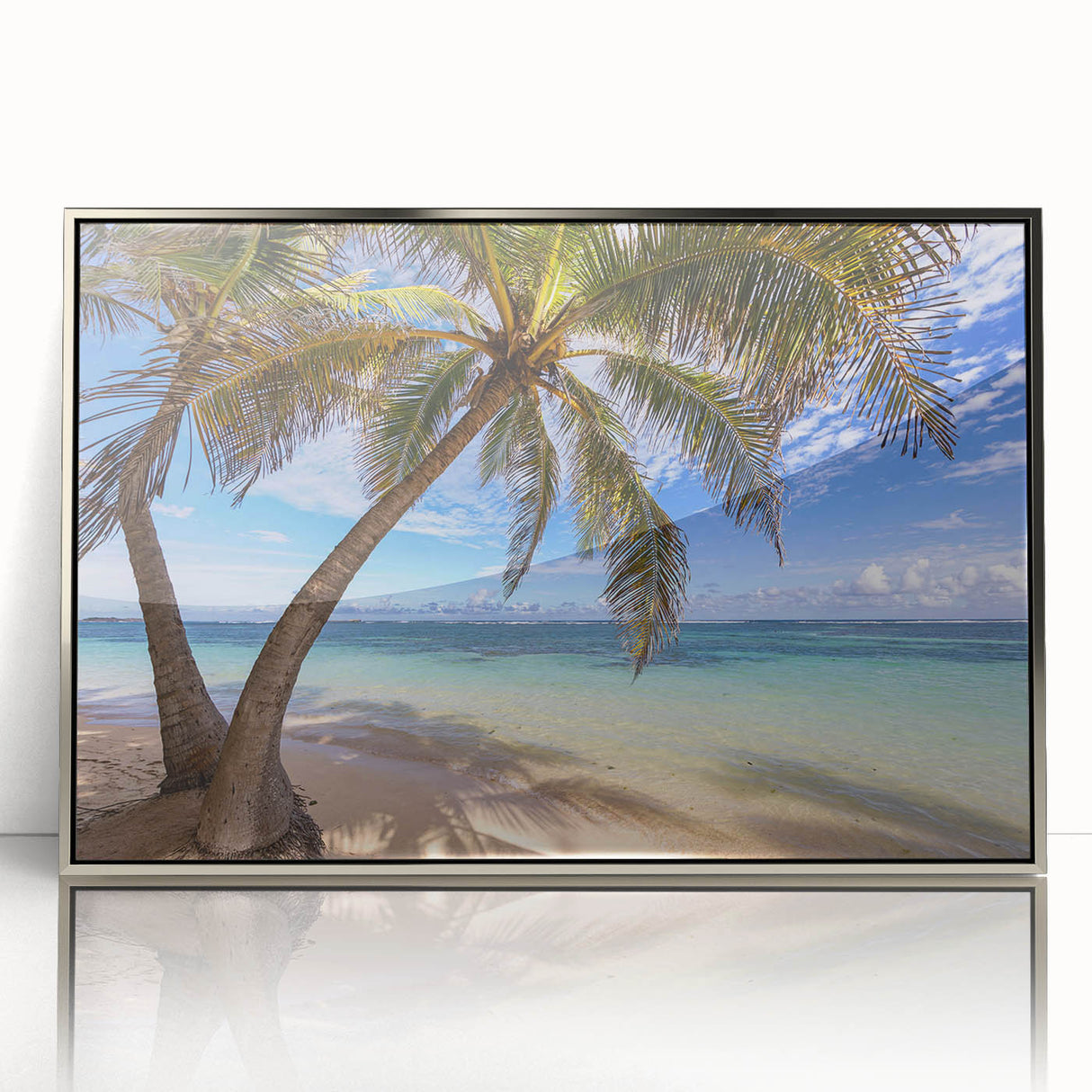 Art deco poster of a Caribbean Martinique scenery in silver-framed acrylic, suitable for modern nursery decor.