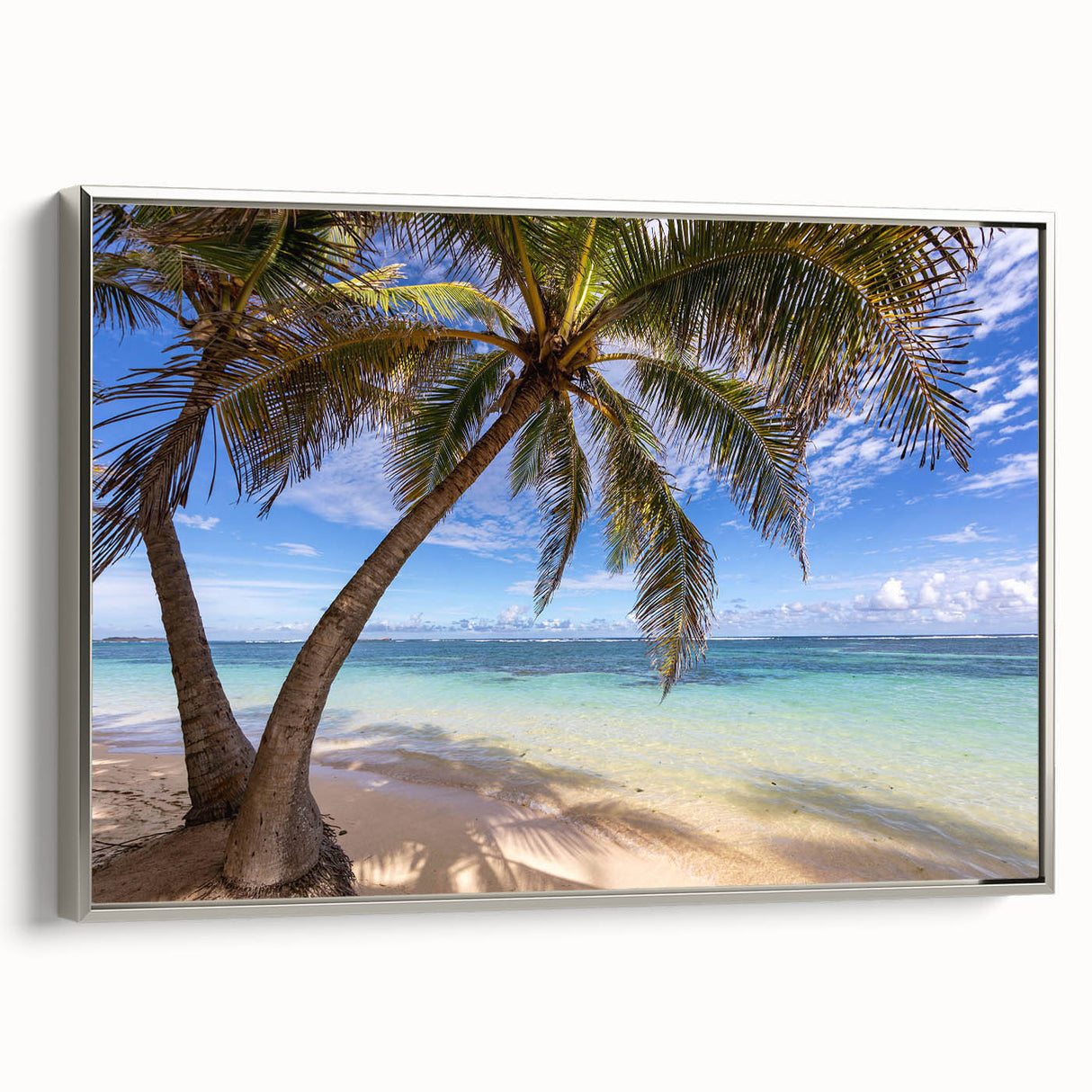 Framed canvas of a vintage-style landscape painting depicting the Caribbean Martinique in vibrant colors.