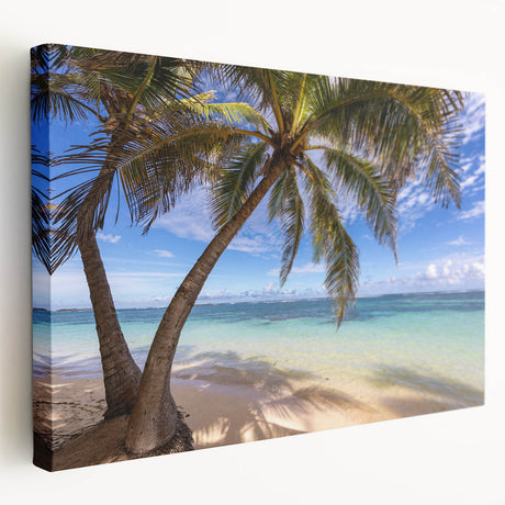Large art depicting a Caribbean scenery in vibrant blues and greens on stretched canvas, ideal for kitchen wall art.
