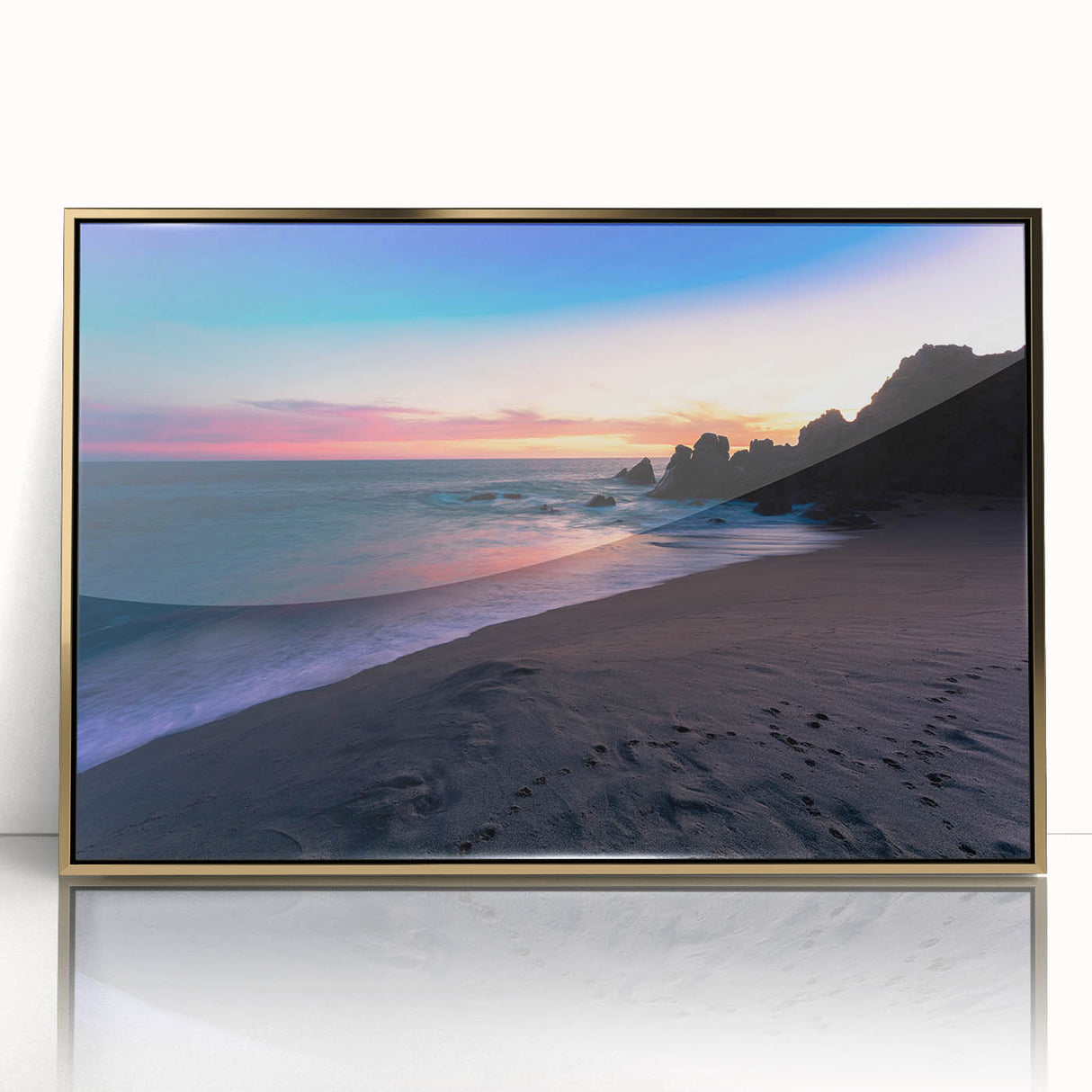 Framed acrylic print of Cabo San Lucas scenery with gold accents, ideal for modern art wall decor.