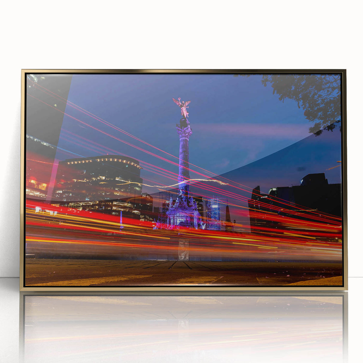 Framed acrylic print of Mexico City scenery in mid-century modernist style, with vibrant gold and blue tones.