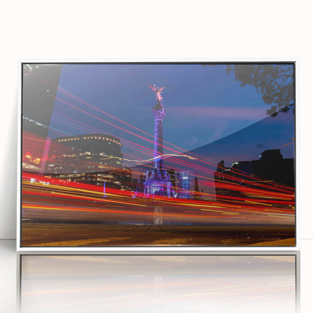 Acrylic print of Mexico City with art deco style, vibrant colors, framed in white, ideal for modern art wall decor.