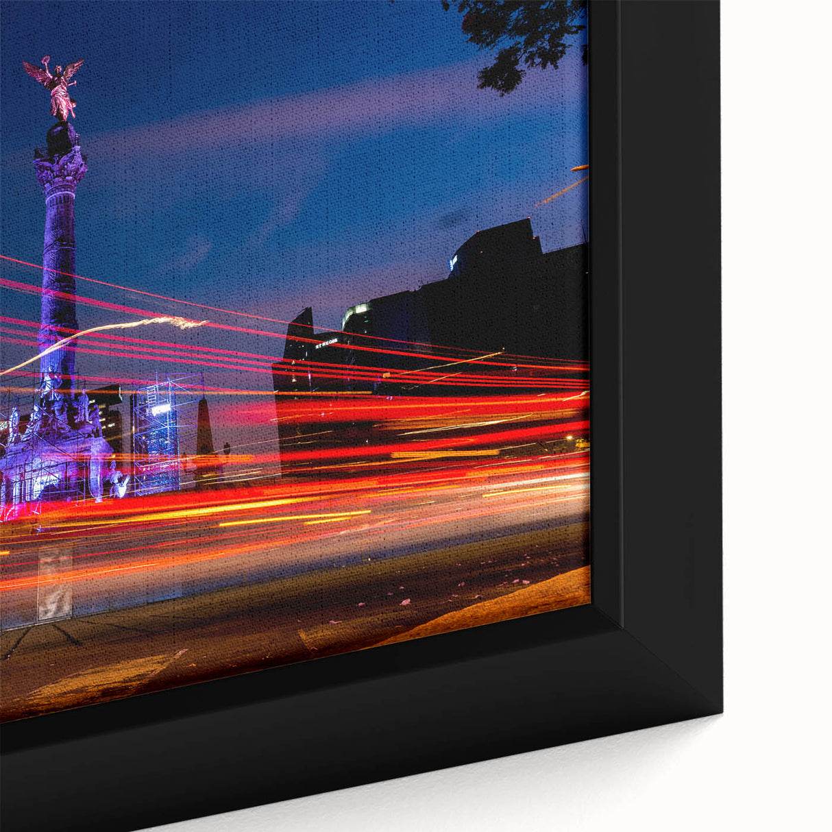 Extra large framed canvas featuring a textured, colorful depiction of Mexico City skyline on a black background.