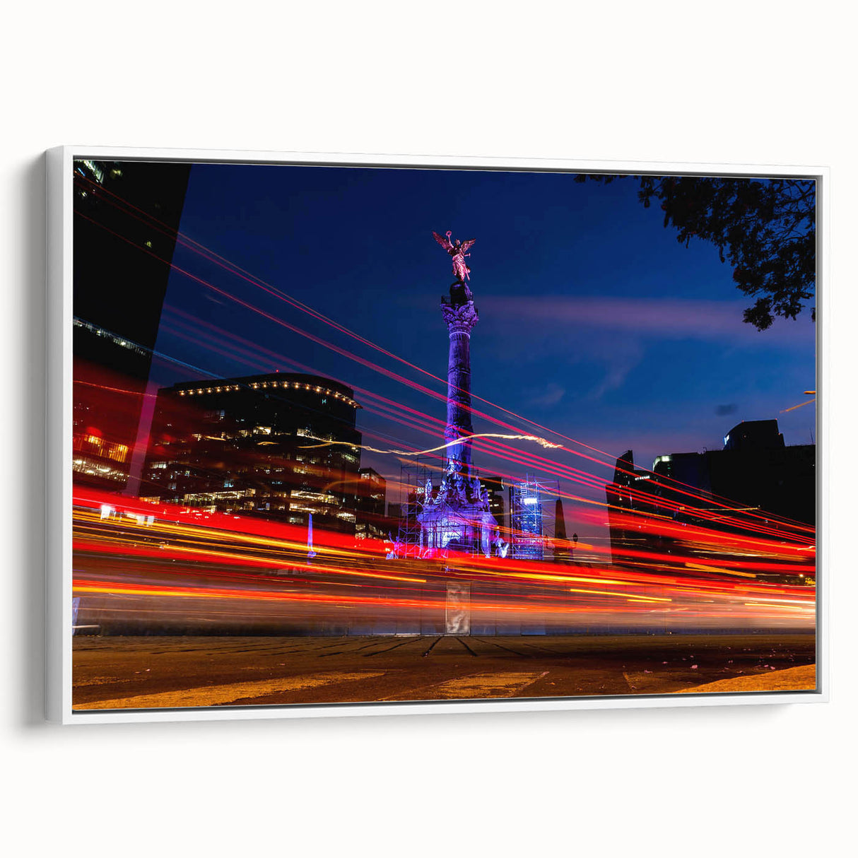 Vintage poster art of Mexico City on framed canvas, featuring colorful details on a black background.