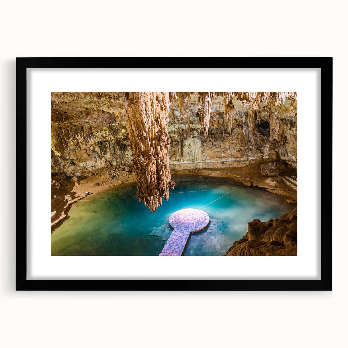 Abstract art print featuring textured, colorful art inspired by Yucatan scenery in a black frame.